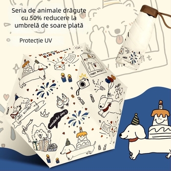 Umbrelă pisică-câine, UPF50+ protecție UV, duală soare și ploaie, compactă de buzunar, 5 arce, poliester 190T