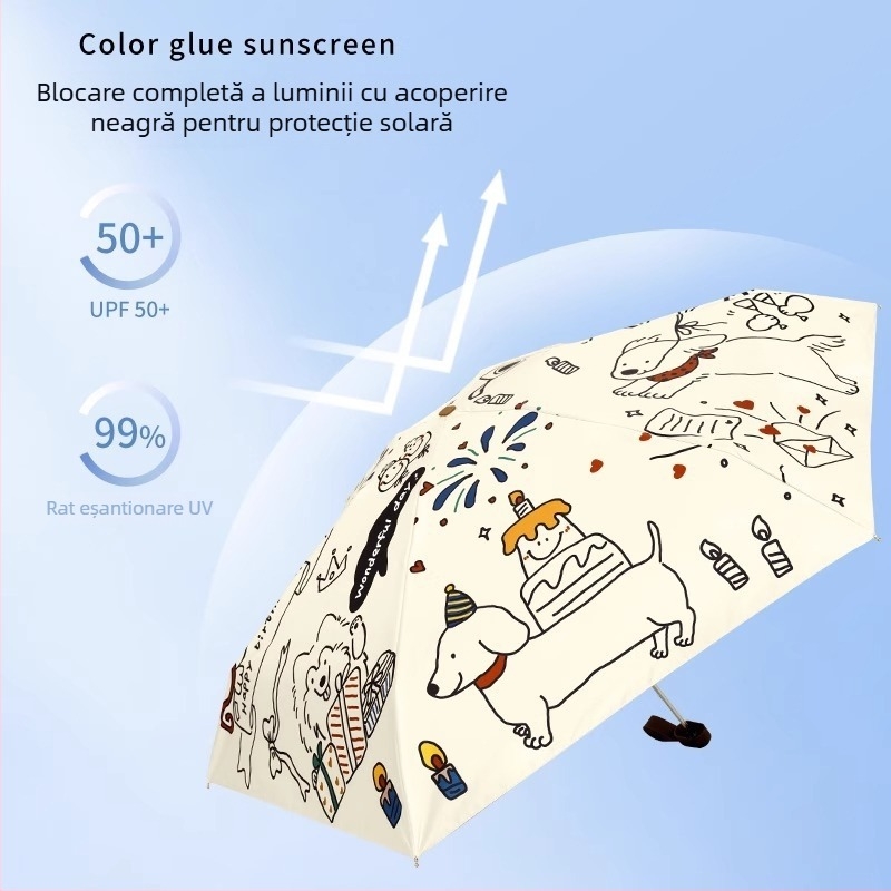 Umbrelă pisică-câine, UPF50+ protecție UV, duală soare și ploaie, compactă de buzunar, 5 arce, poliester 190T
