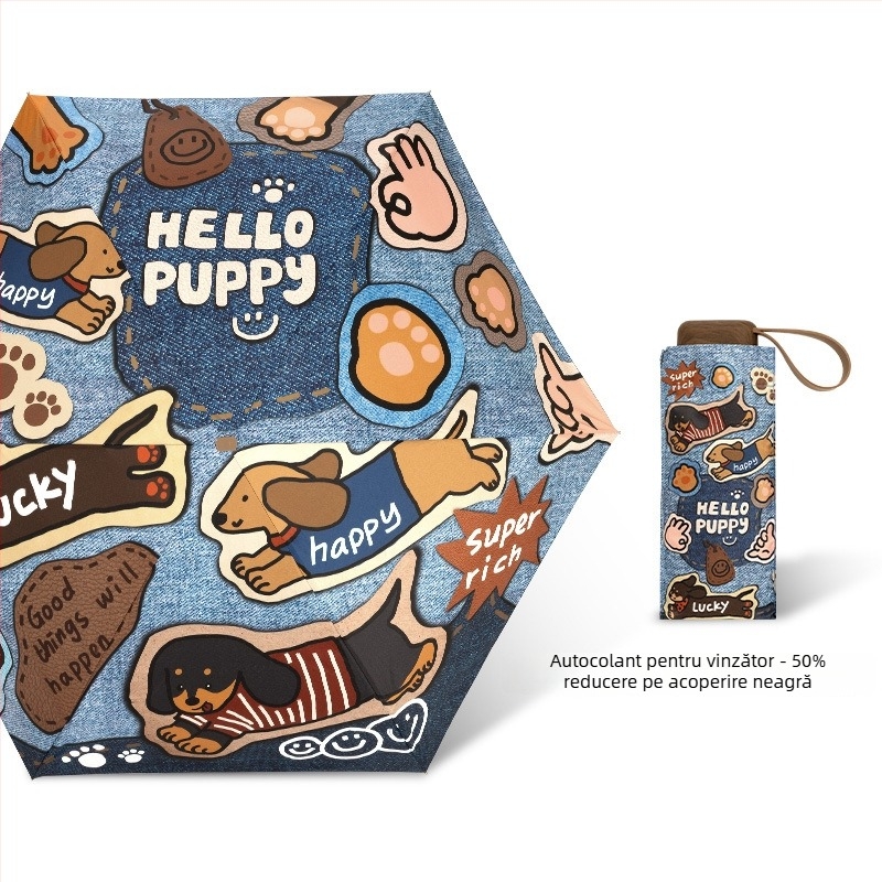 Umbrelă pisică-câine, UPF50+ protecție UV, duală soare și ploaie, compactă de buzunar, 5 arce, poliester 190T