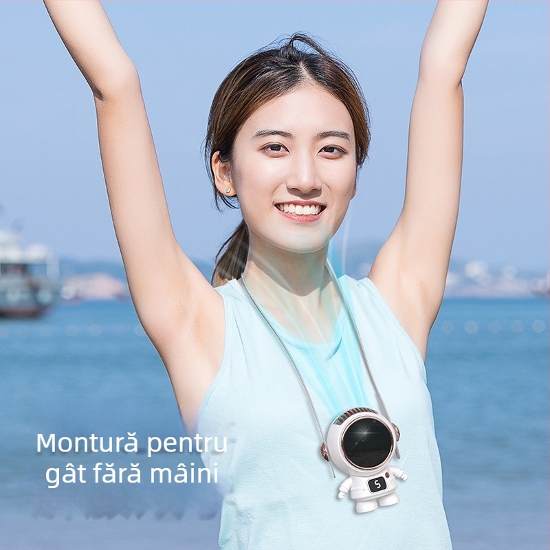 Ventilator mic pentru gât, cu logo personalizat și design desen animat, încărcare USB, 5V 4.5W, 5 trepte de viteză, baterie încorporată 800–1000 mAh