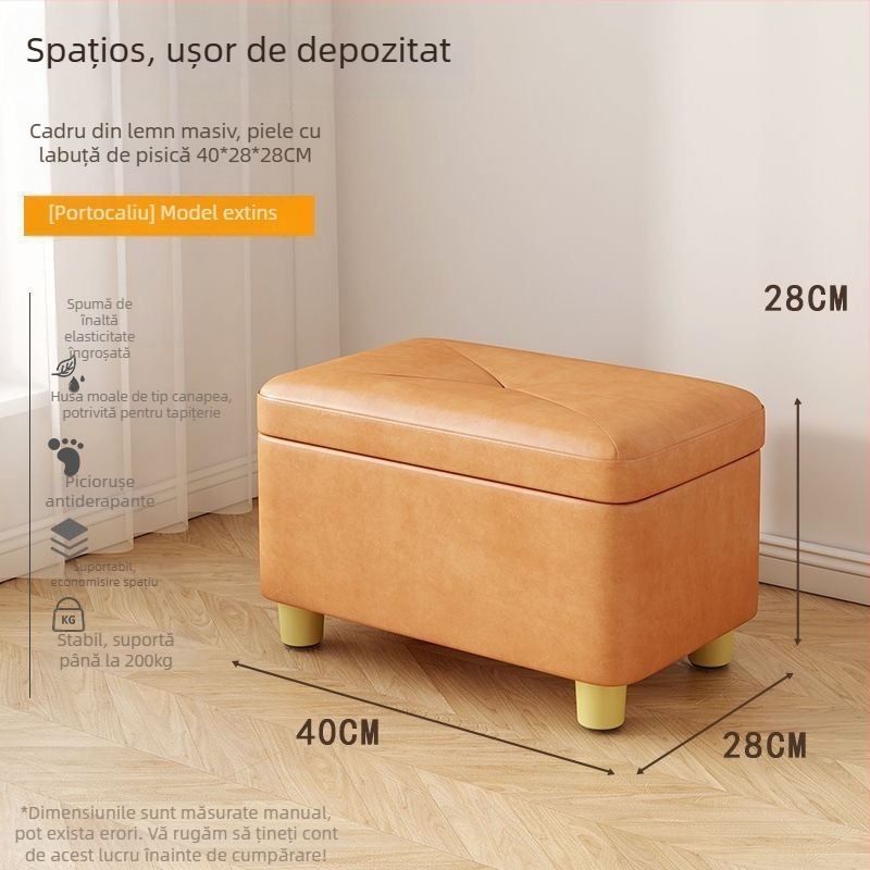 Scaun depozitare pentru pantofi, suprafață din piele, formă dreptunghiulară, structură din fibre PAL, capacitate 12 L, încărcare 150 kg