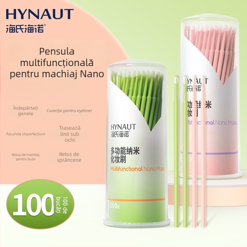 Set pensule machiaj Hiseas Hina Nano, 100 bucăți, păr nano, husă cilindrică, mâner portabil