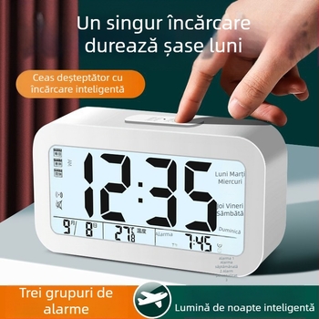 Ceas deșteptător pentru studenți cu lumină de noapte, design minimalist modern, afișaj unilateral, alimentat cu baterii, carcasă din plastic