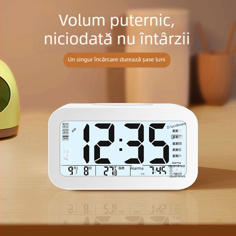 Ceas deșteptător pentru studenți cu lumină de noapte, design minimalist modern, afișaj unilateral, alimentat cu baterii, carcasă din plastic