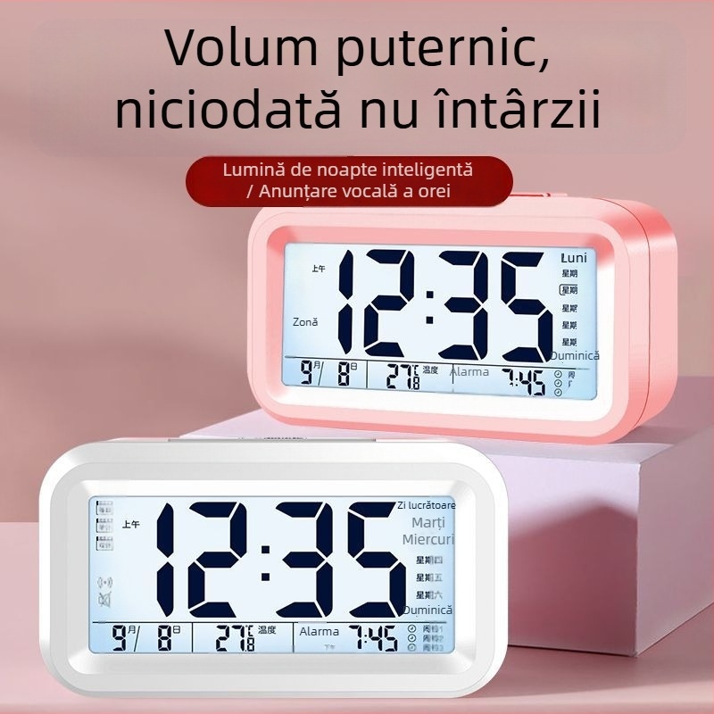 Ceas deșteptător pentru studenți cu lumină de noapte, design minimalist modern, afișaj unilateral, alimentat cu baterii, carcasă din plastic