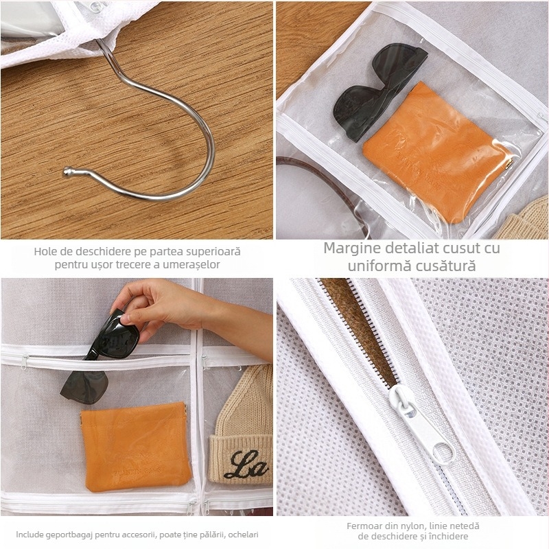 Protecție pentru praf din material nețesut, transparentă, cu cârlig pentru agățare, pentru depozitare haine, lenjerie și bijuterii