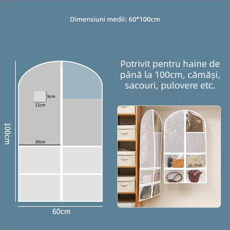 Protecție pentru praf din material nețesut, transparentă, cu cârlig pentru agățare, pentru depozitare haine, lenjerie și bijuterii