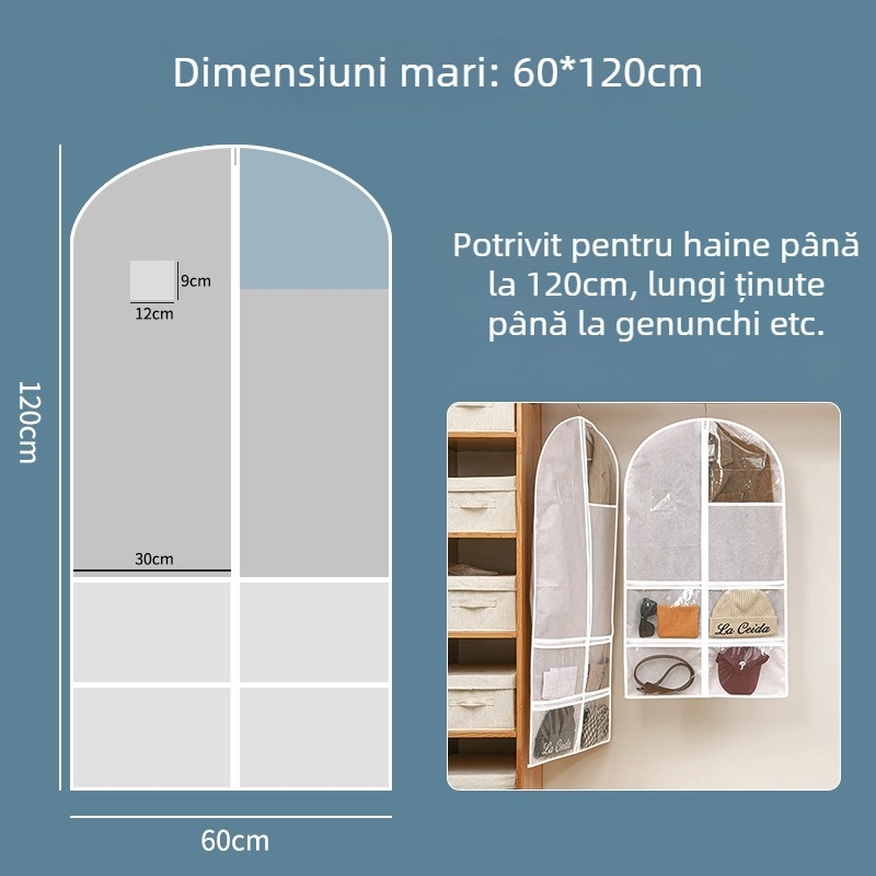 Protecție pentru praf din material nețesut, transparentă, cu cârlig pentru agățare, pentru depozitare haine, lenjerie și bijuterii