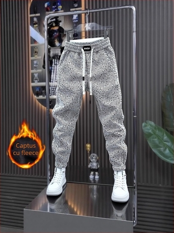 Pantaloni sport bărbați cu fleece, croială dreaptă, iarnă 2025, talie medie, material poliester-bumbac (95% poliester), casual