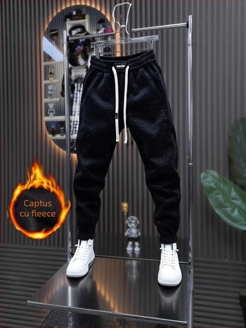 Pantaloni sport bărbați cu fleece, croială dreaptă, iarnă 2025, talie medie, material poliester-bumbac (95% poliester), casual