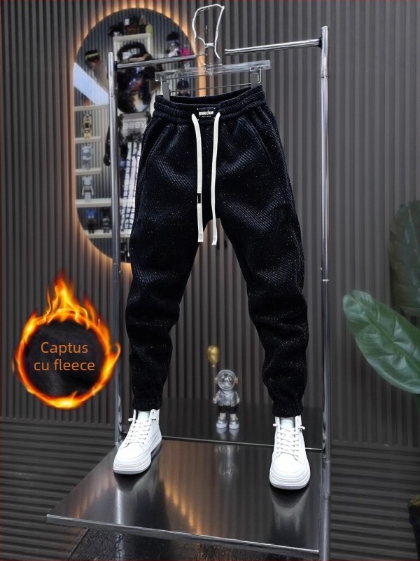 Pantaloni sport bărbați cu fleece, croială dreaptă, iarnă 2025, talie medie, material poliester-bumbac (95% poliester), casual