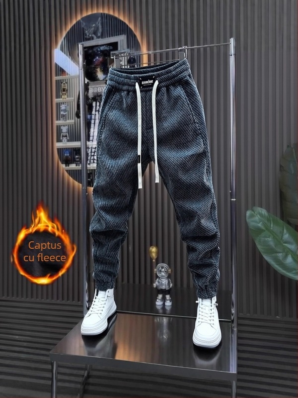 Pantaloni sport bărbați cu fleece, croială dreaptă, iarnă 2025, talie medie, material poliester-bumbac (95% poliester), casual