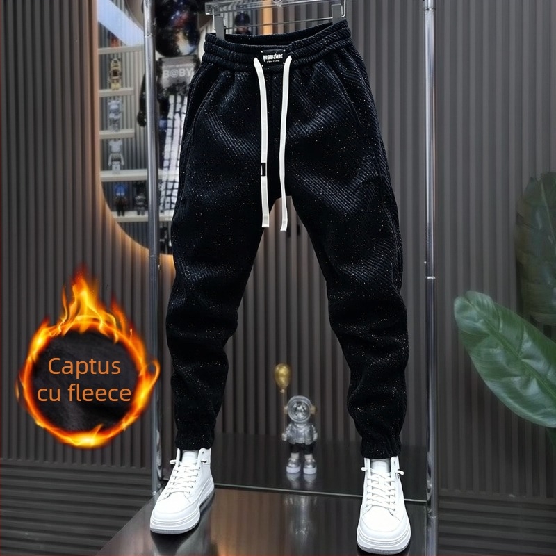 Pantaloni sport bărbați cu fleece, croială dreaptă, iarnă 2025, talie medie, material poliester-bumbac (95% poliester), casual