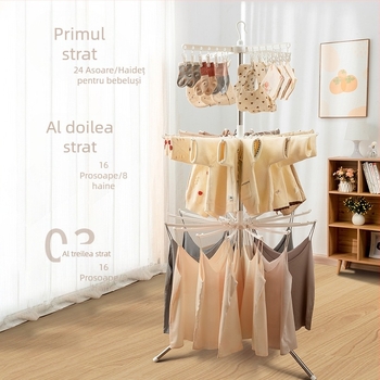 Suport pentru uscat haine de bebeluți, pliabil, mobil, design circular cu clipsuri, din plastic
