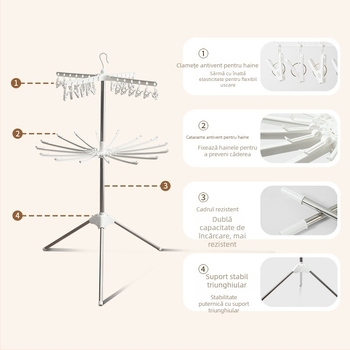 Suport pentru uscat haine de bebeluți, pliabil, mobil, design circular cu clipsuri, din plastic