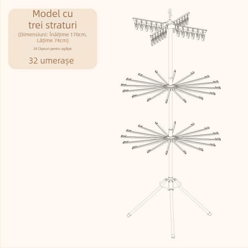 Suport pentru uscat haine de bebeluți, pliabil, mobil, design circular cu clipsuri, din plastic