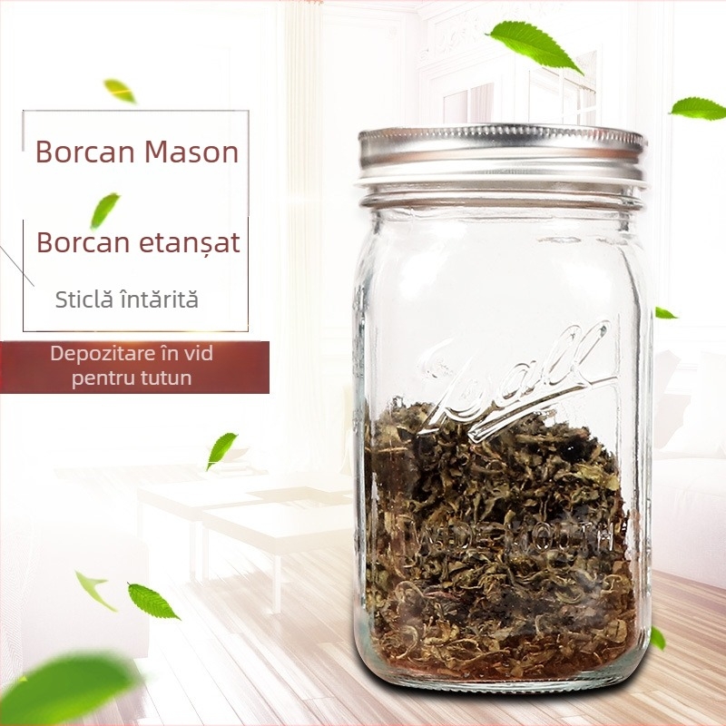Borcan Mason din sticlă cu capac etanș, recipient impermeabil pentru depozitare decorativă a ierburilor și accesorii de tutun