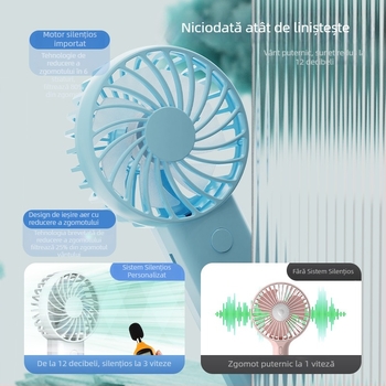 Ventilator de mână USB reîncărcabil, cu 6 palete, motor brushless, baterie internă 1200–2000 mAh, 3 trepte de viteză, zgomot ≤36 dB, autonomie 3–6 h