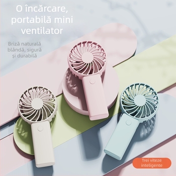 Ventilator de mână USB reîncărcabil, cu 6 palete, motor brushless, baterie internă 1200–2000 mAh, 3 trepte de viteză, zgomot ≤36 dB, autonomie 3–6 h