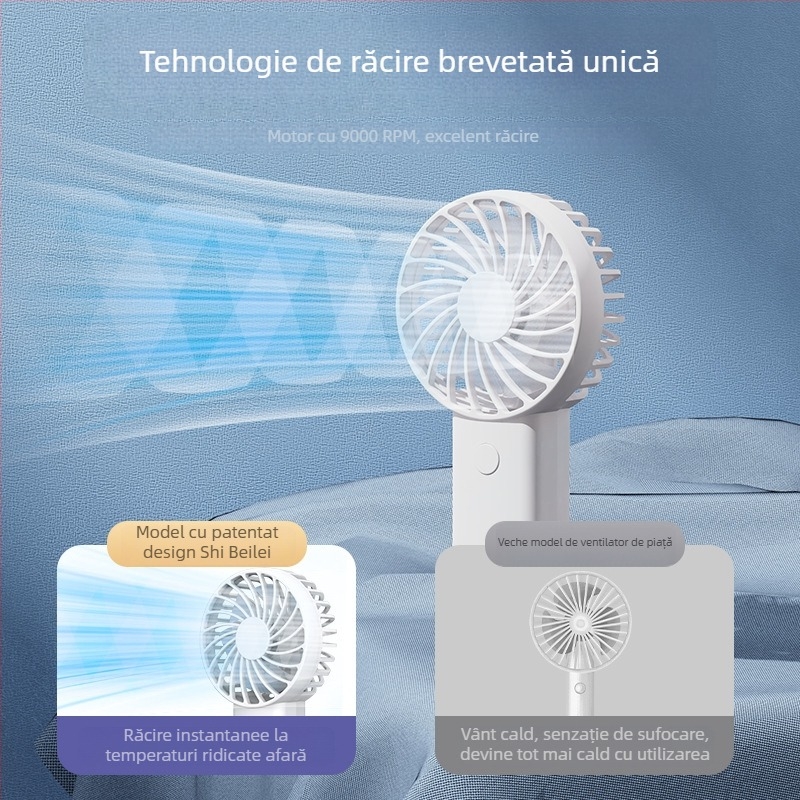Ventilator de mână USB reîncărcabil, cu 6 palete, motor brushless, baterie internă 1200–2000 mAh, 3 trepte de viteză, zgomot ≤36 dB, autonomie 3–6 h