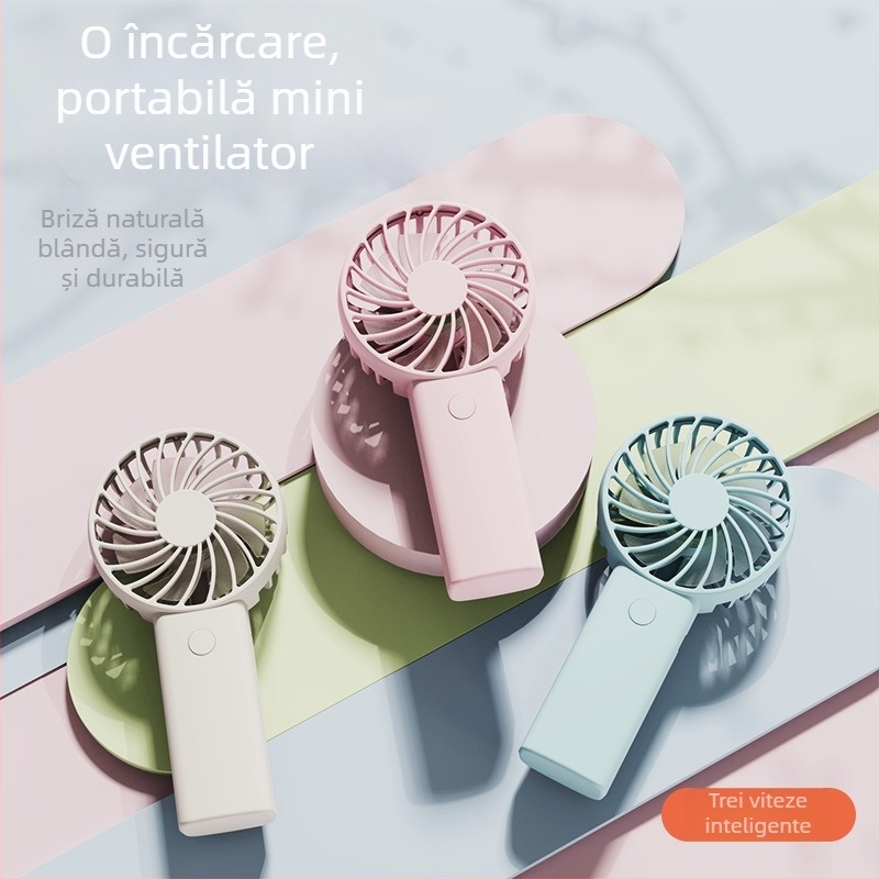 Ventilator de mână USB reîncărcabil, cu 6 palete, motor brushless, baterie internă 1200–2000 mAh, 3 trepte de viteză, zgomot ≤36 dB, autonomie 3–6 h