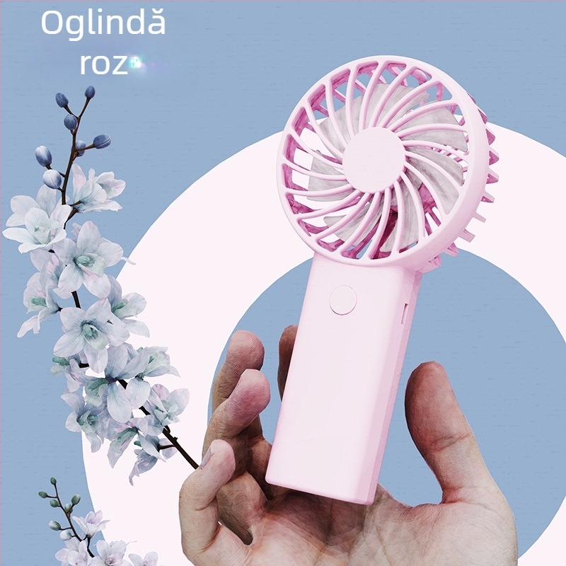 Ventilator de mână USB reîncărcabil, cu 6 palete, motor brushless, baterie internă 1200–2000 mAh, 3 trepte de viteză, zgomot ≤36 dB, autonomie 3–6 h