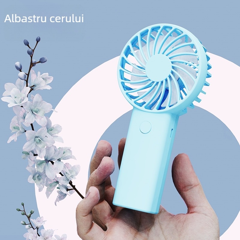 Ventilator de mână USB reîncărcabil, cu 6 palete, motor brushless, baterie internă 1200–2000 mAh, 3 trepte de viteză, zgomot ≤36 dB, autonomie 3–6 h