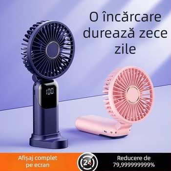 Ventilator portabil de mână, cu posibilitatea de a fi purtat la gât și pliabil, 5 trepte de viteză, alimentare USB 5V, baterie încorporată 1200–2000mAh, autonomie 6–8 ore, suport pentru telefon