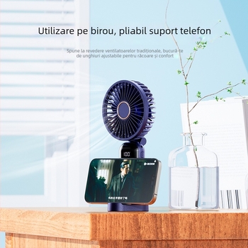 Ventilator portabil de mână, cu posibilitatea de a fi purtat la gât și pliabil, 5 trepte de viteză, alimentare USB 5V, baterie încorporată 1200–2000mAh, autonomie 6–8 ore, suport pentru telefon