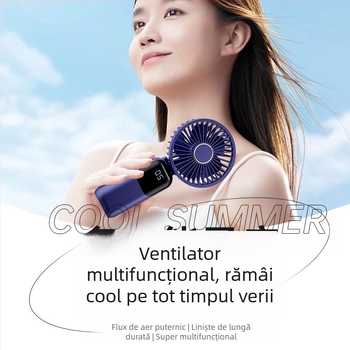 Ventilator portabil de mână, cu posibilitatea de a fi purtat la gât și pliabil, 5 trepte de viteză, alimentare USB 5V, baterie încorporată 1200–2000mAh, autonomie 6–8 ore, suport pentru telefon