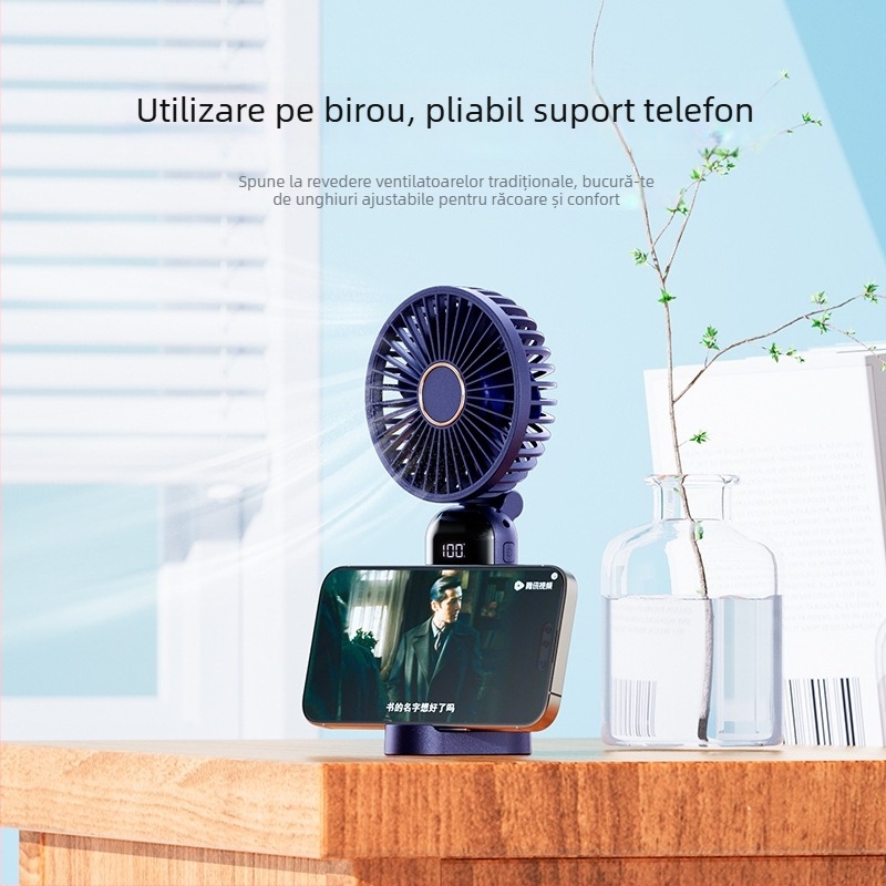 Ventilator portabil de mână, cu posibilitatea de a fi purtat la gât și pliabil, 5 trepte de viteză, alimentare USB 5V, baterie încorporată 1200–2000mAh, autonomie 6–8 ore, suport pentru telefon