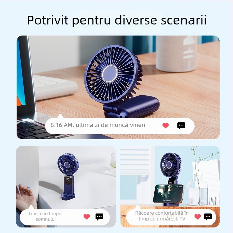 Ventilator portabil de mână, cu posibilitatea de a fi purtat la gât și pliabil, 5 trepte de viteză, alimentare USB 5V, baterie încorporată 1200–2000mAh, autonomie 6–8 ore, suport pentru telefon