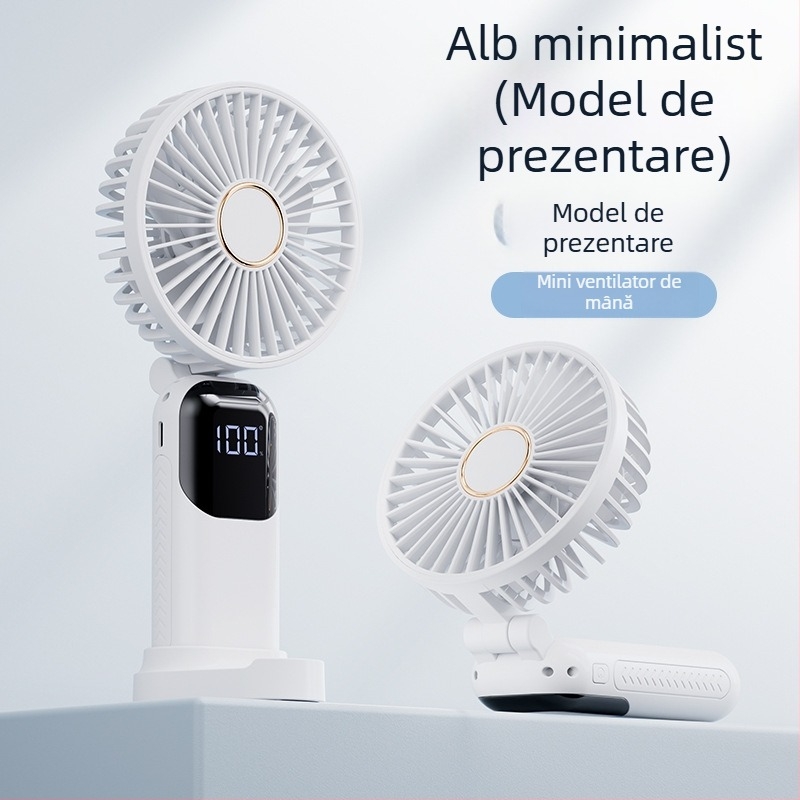 Ventilator portabil de mână, cu posibilitatea de a fi purtat la gât și pliabil, 5 trepte de viteză, alimentare USB 5V, baterie încorporată 1200–2000mAh, autonomie 6–8 ore, suport pentru telefon