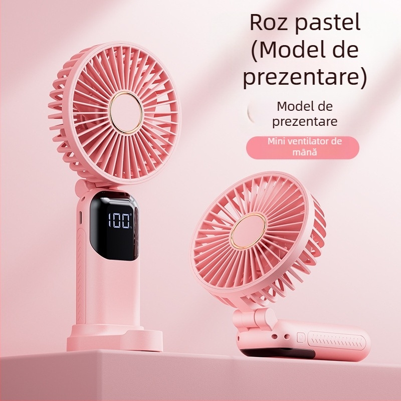 Ventilator portabil de mână, cu posibilitatea de a fi purtat la gât și pliabil, 5 trepte de viteză, alimentare USB 5V, baterie încorporată 1200–2000mAh, autonomie 6–8 ore, suport pentru telefon