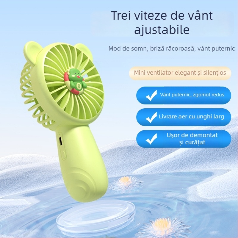 Ventilator de mână USB, 3 viteze, baterie încorporată 500–800 mAh, 5 palete, zgomot redus