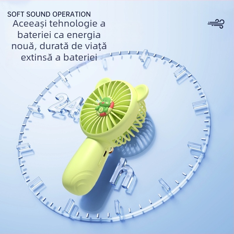Ventilator de mână USB, 3 viteze, baterie încorporată 500–800 mAh, 5 palete, zgomot redus