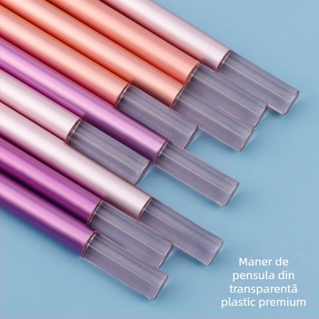 Set de 9 pensule de machiaj cu mânere din aluminiu, peri din fibră sintetică, lungimea părului 3 cm, lungimea totală 13 cm