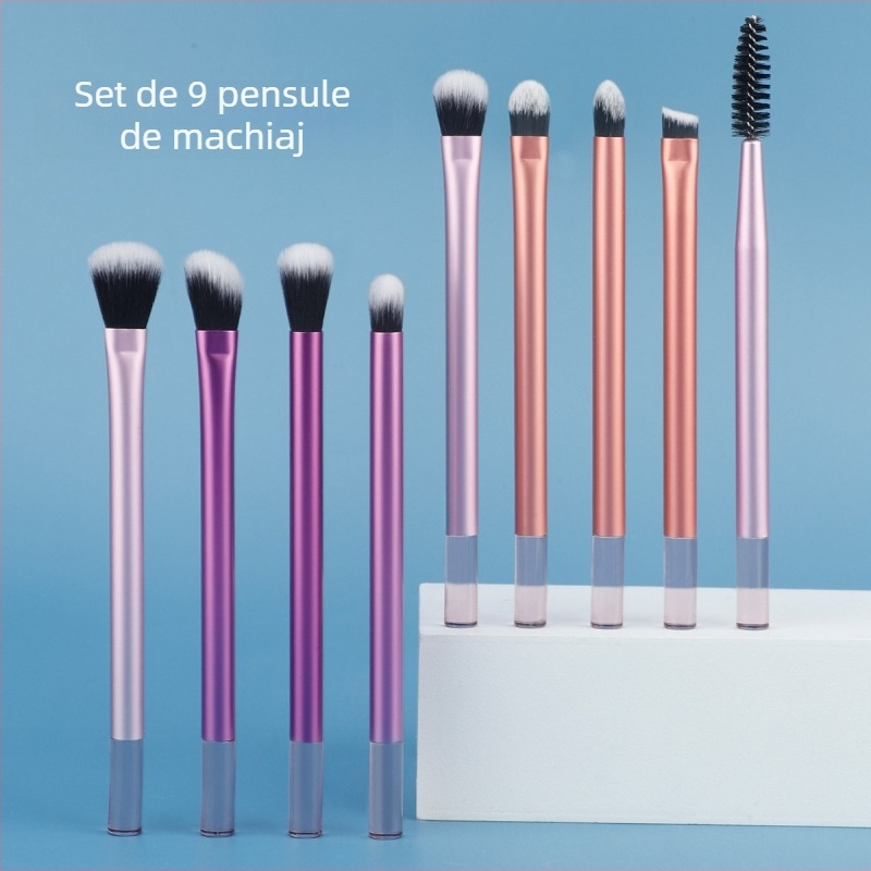 Set de 9 pensule de machiaj cu mânere din aluminiu, peri din fibră sintetică, lungimea părului 3 cm, lungimea totală 13 cm