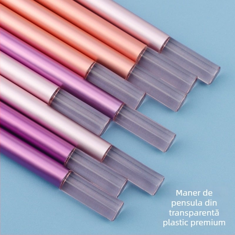 Set de 9 pensule de machiaj cu mânere din aluminiu, peri din fibră sintetică, lungimea părului 3 cm, lungimea totală 13 cm