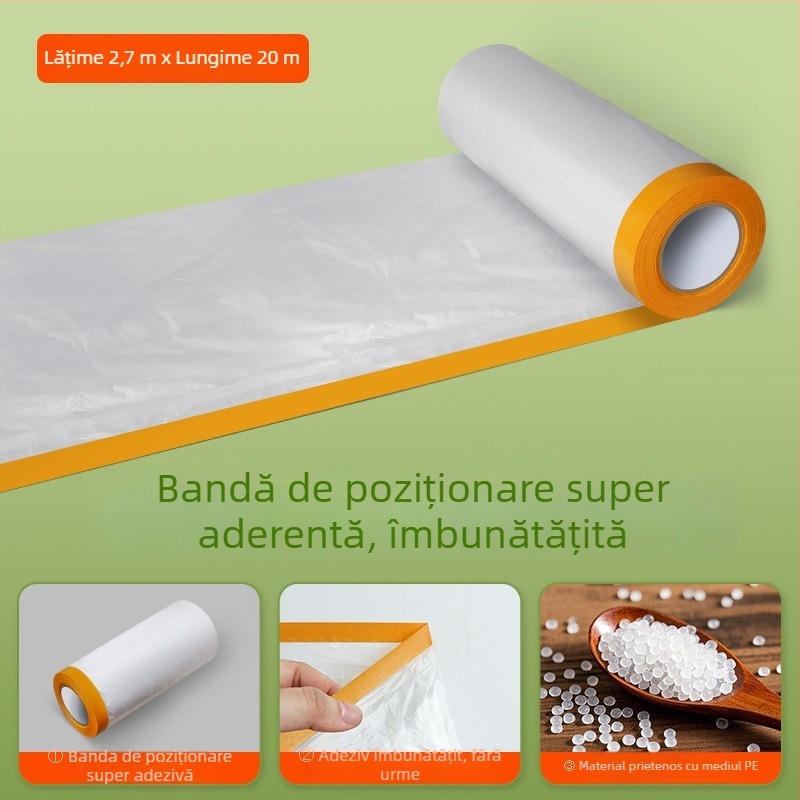 Film protector împotriva prafului pentru mobilier, electrocasnice și mașini; material PE; grosime 0,06 microni; adeziv pe bază de apă; bază din bandă Washi; tambur din carton; de unică folosință