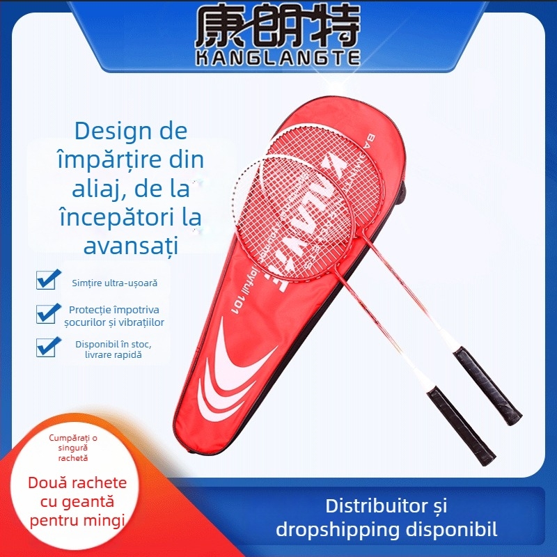 Două rachete de badminton pentru începători — ușoare, ofensiv, 90–94 g, șnur Nylon, mâner G5, tijă dreaptă