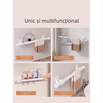 Raft de baie fără găuri, cu adeziv puternic, suport extensibil pentru prosoape și bară pentru perdeaua de duș