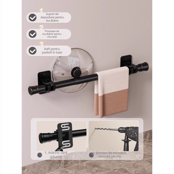 Raft de baie fără găuri, cu adeziv puternic, suport extensibil pentru prosoape și bară pentru perdeaua de duș