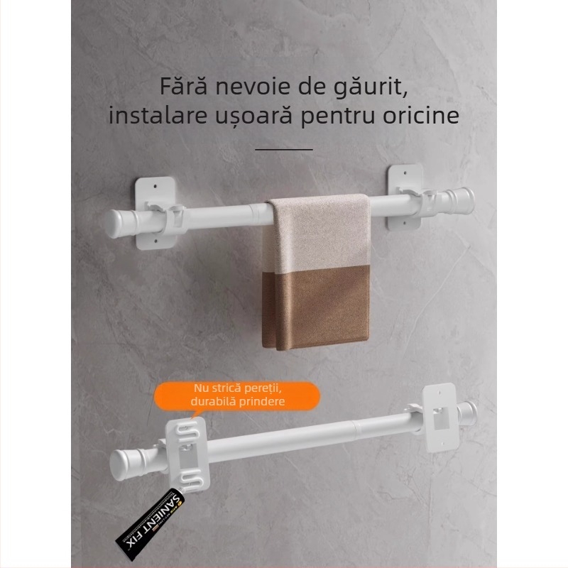 Raft de baie fără găuri, cu adeziv puternic, suport extensibil pentru prosoape și bară pentru perdeaua de duș