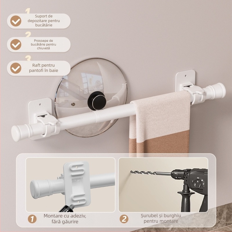 Raft de baie fără găuri, cu adeziv puternic, suport extensibil pentru prosoape și bară pentru perdeaua de duș