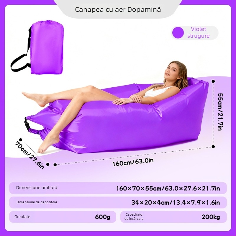 Canapea gonflabilă pentru o singură persoană - material Oxford, 2 straturi, sarcină maximă 200 kg, greutate 0,4 kg, pompă manuală