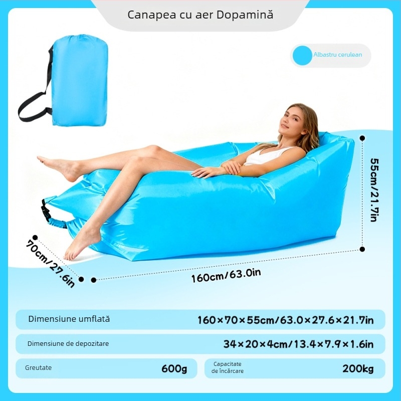 Canapea gonflabilă pentru o singură persoană - material Oxford, 2 straturi, sarcină maximă 200 kg, greutate 0,4 kg, pompă manuală