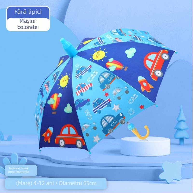 Umbrelă pentru copii cu mâner lung pentru soare și ploaie, stil desen animat, cadru din fier, deschidere manuală, protecție UV UPF 50+, material Impact Cloth cu strat de cauciuc negru