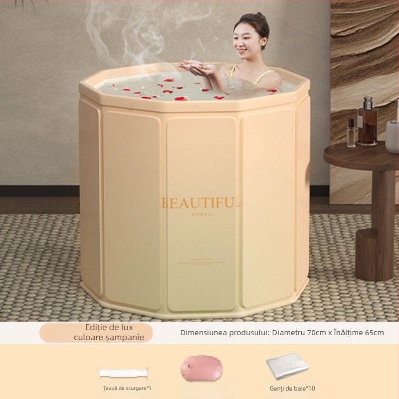 Cadă de baie pliabilă pentru adulți — utilizare casnică pentru scufundare totală, temperatură constantă; materiale: placă densă, bumbac perlat, țesătură Oxford, PVC
