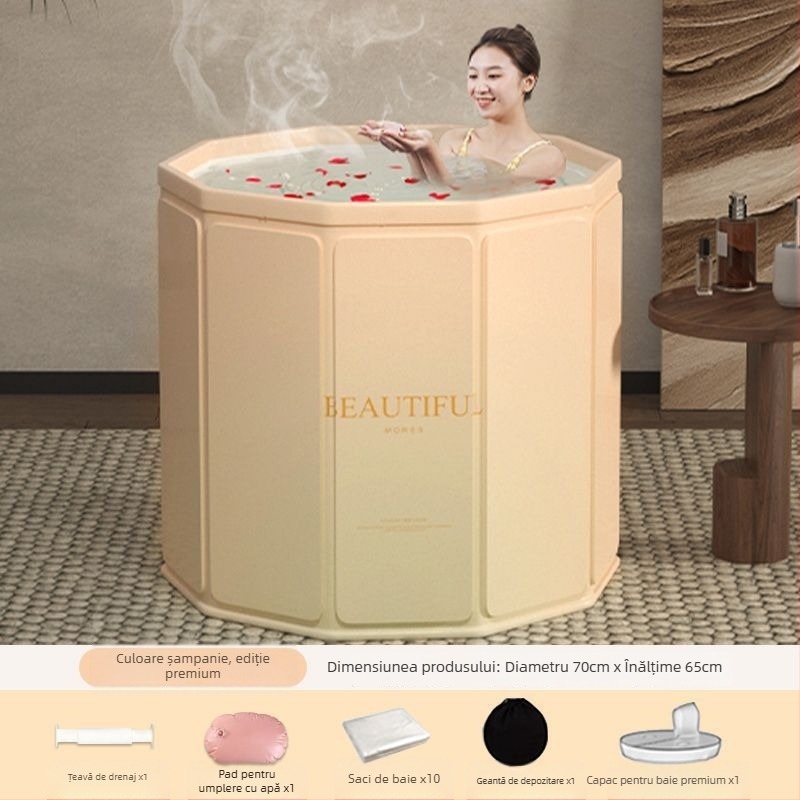 Cadă de baie pliabilă pentru adulți — utilizare casnică pentru scufundare totală, temperatură constantă; materiale: placă densă, bumbac perlat, țesătură Oxford, PVC